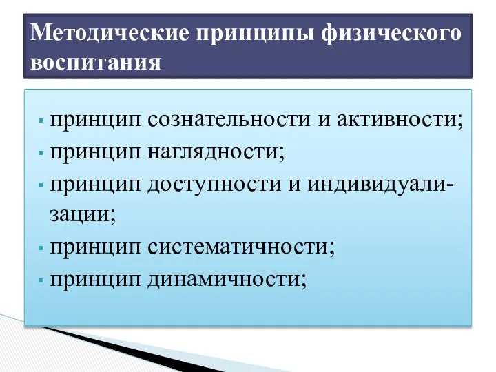 принцип сознательности и активности; принцип наглядности; принцип доступности и индивидуали- зации;