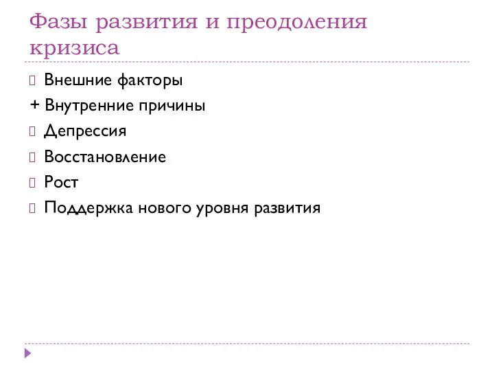 Фазы развития и преодоления кризиса Внешние факторы + Внутренние причины Депрессия