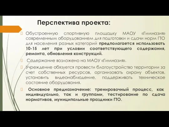 Перспектива проекта: Обустроенную спортивную площадку МАОУ «Гимназия» современным оборудованием для подготовки