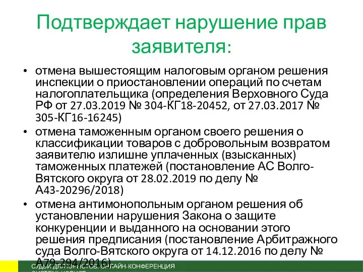 Подтверждает нарушение прав заявителя: отмена вышестоящим налоговым органом решения инспекции о