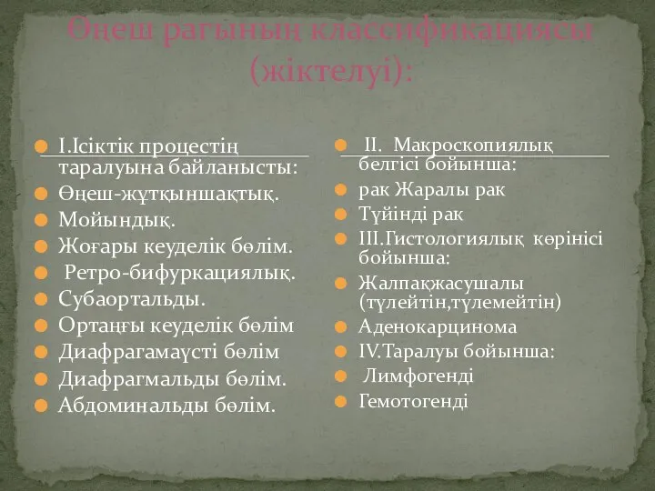 І.Ісіктік процестің таралуына байланысты: Өңеш-жұтқыншақтық. Мойындық. Жоғары кеуделік бөлім. Ретро-бифуркациялық. Субаортальды.