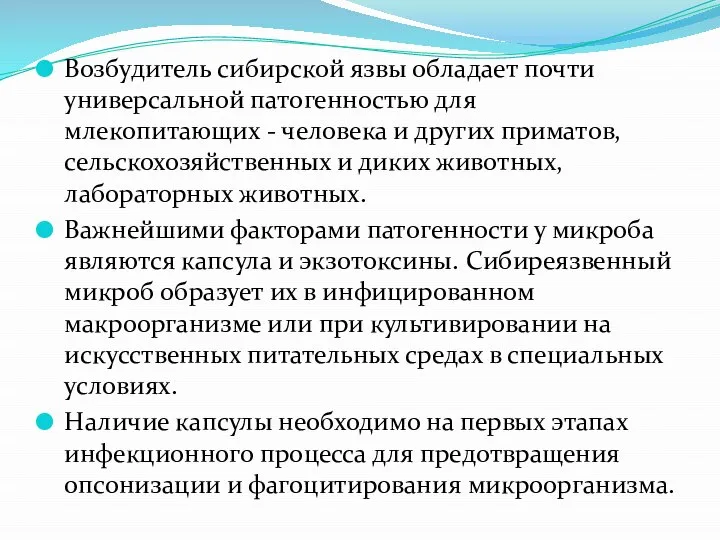 Возбудитель сибирской язвы обладает почти универсальной патогенностью для млекопитающих - человека