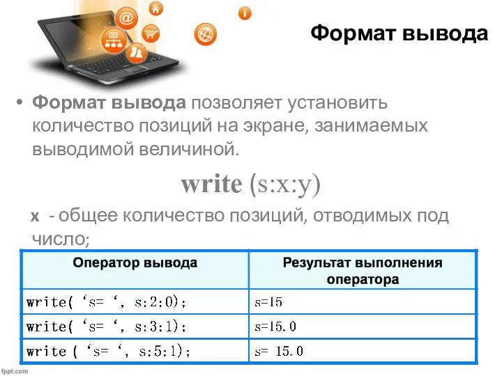 Формат вывода Формат вывода позволяет установить количество позиций на экране, занимаемых