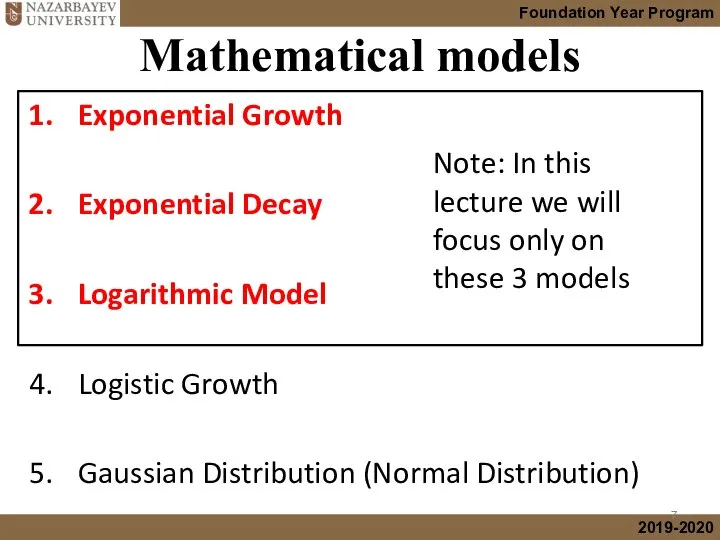 Mathematical models Exponential Growth Exponential Decay Logarithmic Model Logistic Growth Gaussian