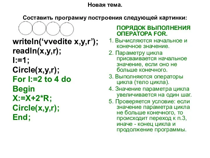 Новая тема. Составить программу построения следующей картинки: writeln(‘vvedite x,y,r’); readln(x,y,r); I:=1;