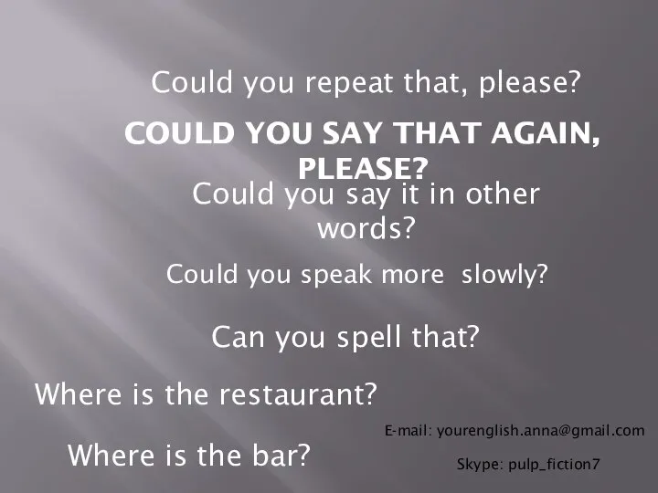 COULD YOU SAY THAT AGAIN, PLEASE? Could you speak more slowly?