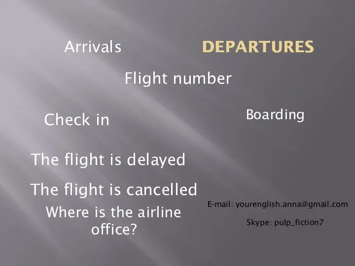 DEPARTURES Boarding Arrivals Flight number The flight is delayed Check in