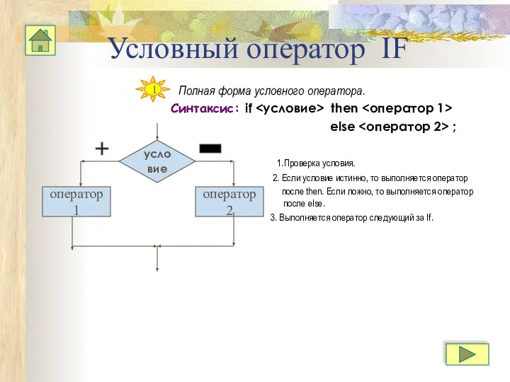 Условный оператор IF Полная форма условного оператора. Синтаксис: if then else