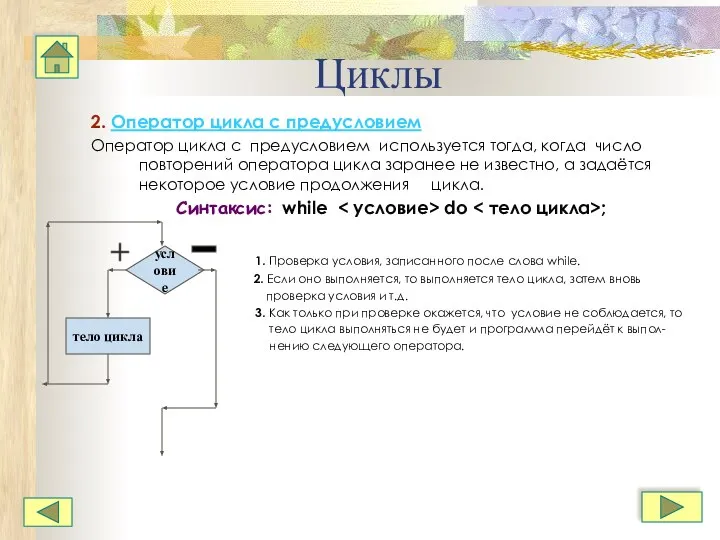 Циклы 2. Оператор цикла с предусловием Оператор цикла с предусловием используется