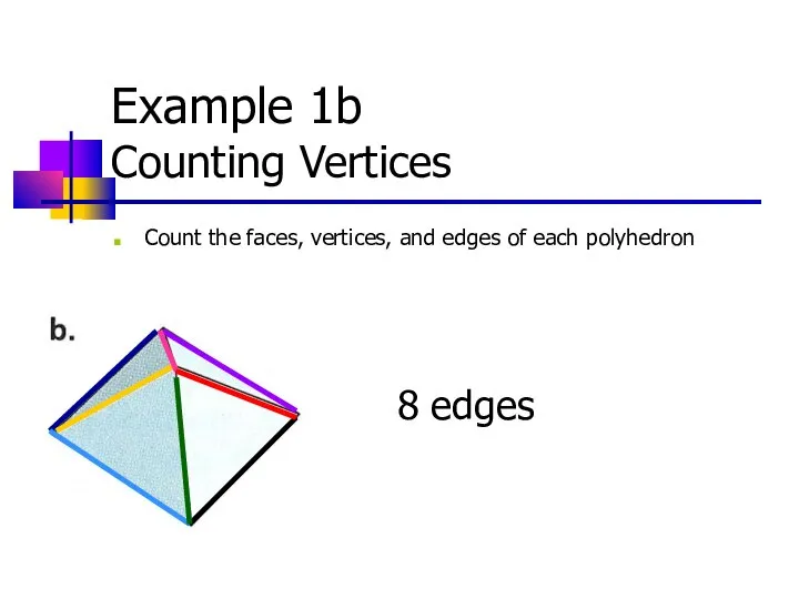 Example 1b Counting Vertices Count the faces, vertices, and edges of each polyhedron 8 edges