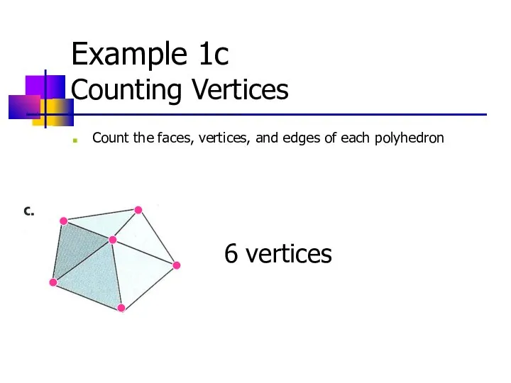 Example 1c Counting Vertices Count the faces, vertices, and edges of each polyhedron 6 vertices