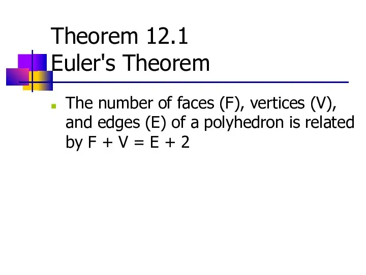 Theorem 12.1 Euler's Theorem The number of faces (F), vertices (V),