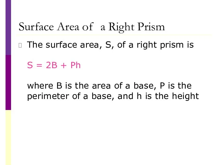 Surface Area of a Right Prism The surface area, S, of