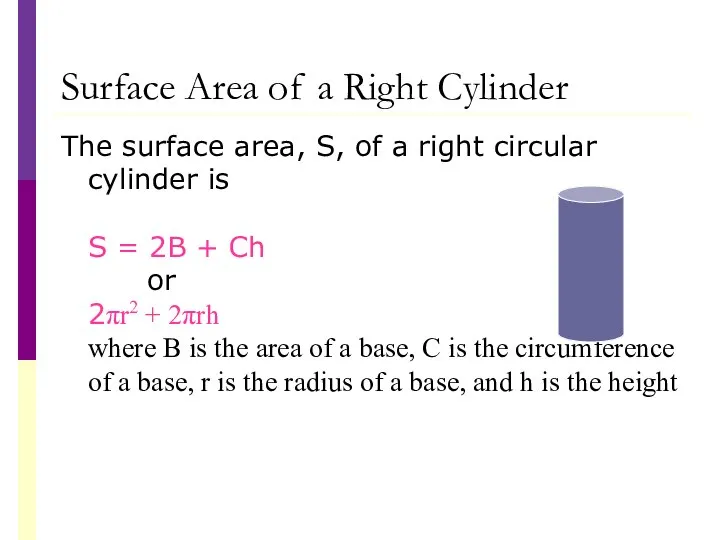 Surface Area of a Right Cylinder The surface area, S, of