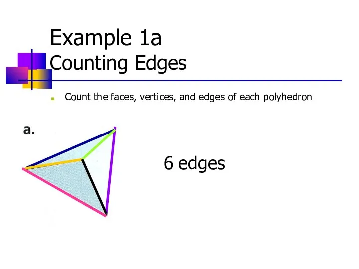 Example 1a Counting Edges Count the faces, vertices, and edges of each polyhedron 6 edges
