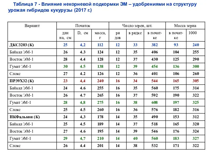 Таблица 7 - Влияние некорневой подкормки ЭМ – удобрениями на структуру урожая гибридов кукурузы (2017 г.)