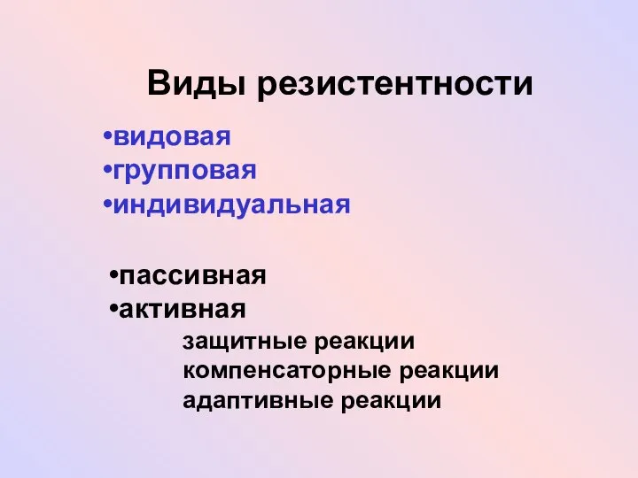 Виды резистентности видовая групповая индивидуальная пассивная активная защитные реакции компенсаторные реакции адаптивные реакции