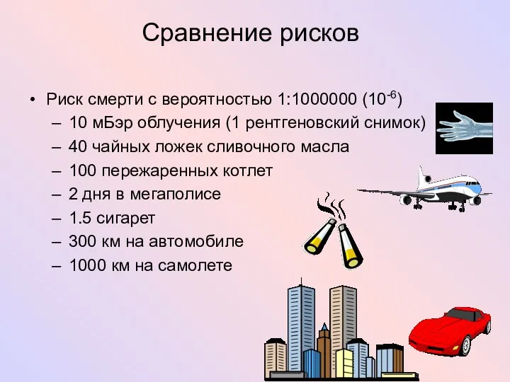 Риск смерти с вероятностью 1:1000000 (10-6) 10 мБэр облучения (1 рентгеновский