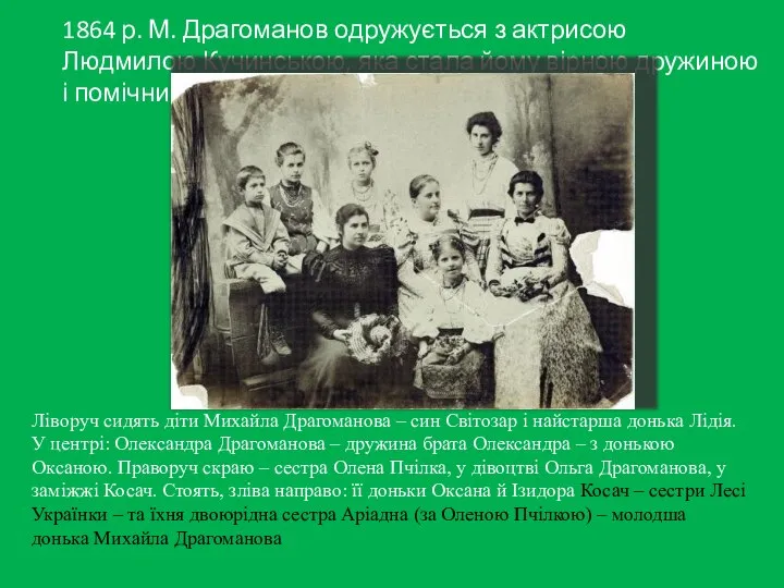 1864 р. М. Драгоманов одружується з актрисою Людмилою Кучинською, яка стала