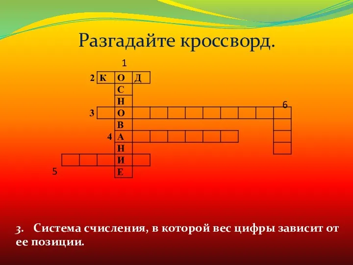 Разгадайте кроссворд. 3. Система счисления, в которой вес цифры зависит от ее позиции. 5 6 1