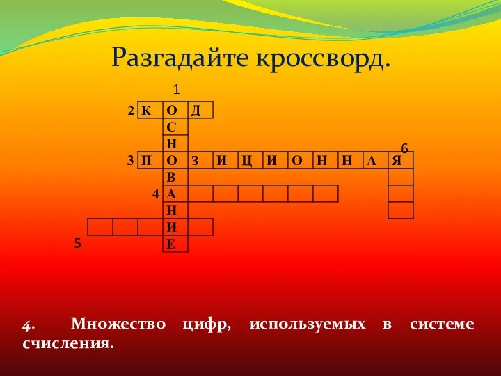 Разгадайте кроссворд. 4. Множество цифр, используемых в системе счисления. 5 6 1