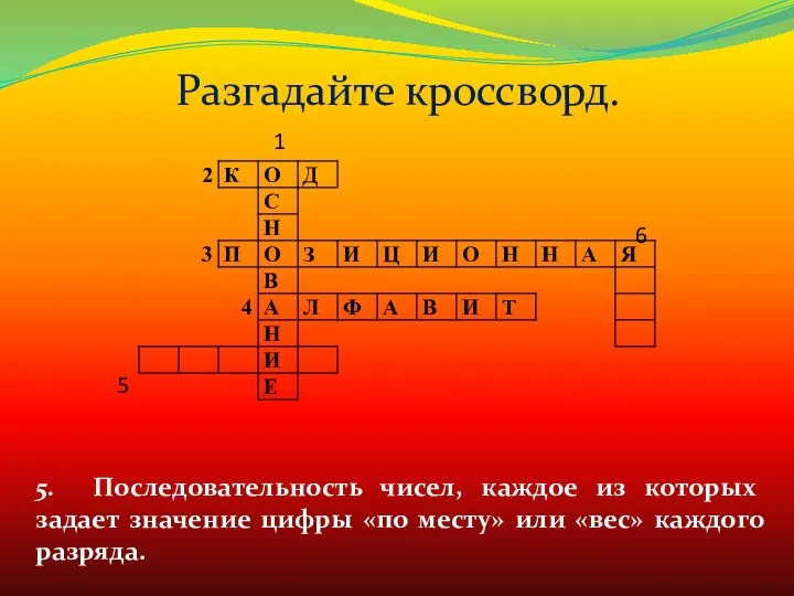 Разгадайте кроссворд. 5. Последовательность чисел, каждое из которых задает значение цифры