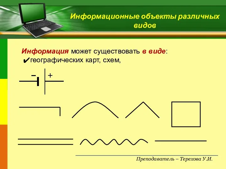 Преподаватель – Терехова У.И. Информационные объекты различных видов Информация может существовать в виде: географических карт, схем,