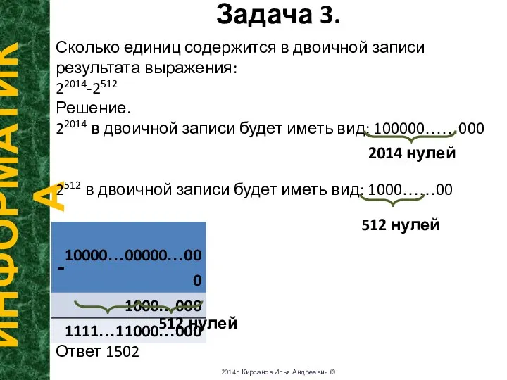 Задача 3. ИНФОРМАТИКА 2014г. Кирсанов Илья Андреевич © Сколько единиц содержится