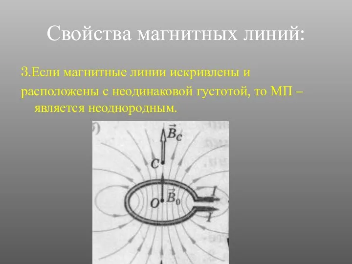 Свойства магнитных линий: 3.Если магнитные линии искривлены и расположены с неодинаковой