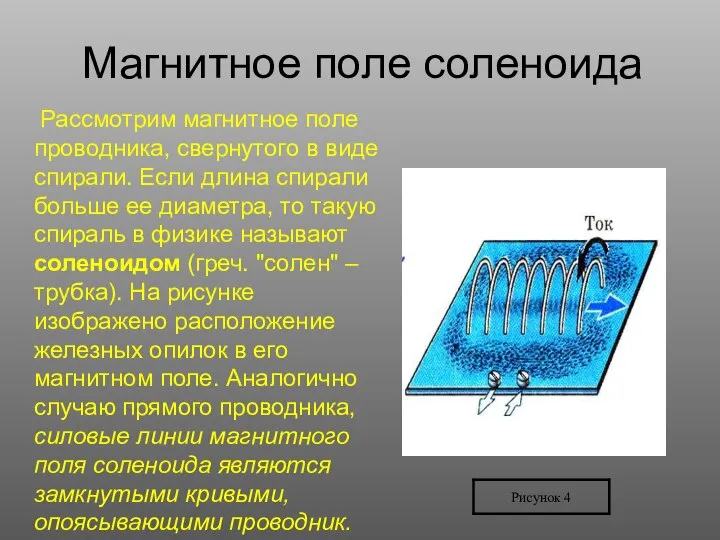 Магнитное поле соленоида Рассмотрим магнитное поле проводника, свернутого в виде спирали.