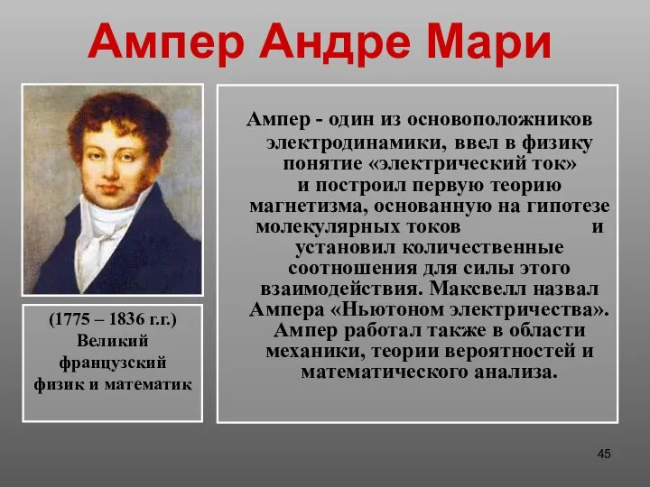 Ампер Андре Мари Ампер - один из основоположников электродинамики, ввел в