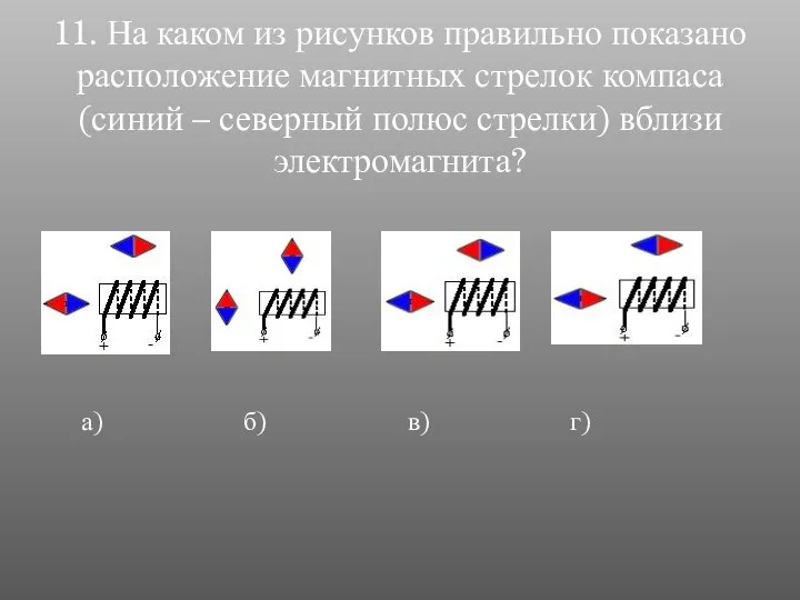 11. На каком из рисунков правильно показано расположение магнитных стрелок компаса