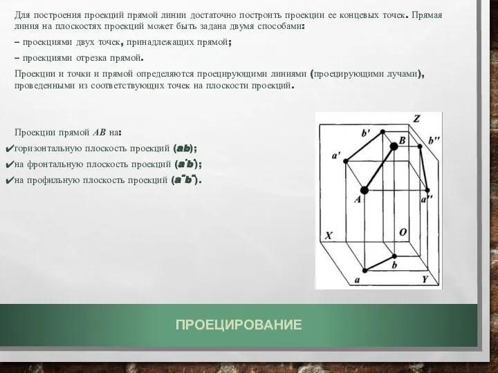 ПРОЕЦИРОВАНИЕ Для построения проекций прямой линии достаточно построить проекции ее концевых