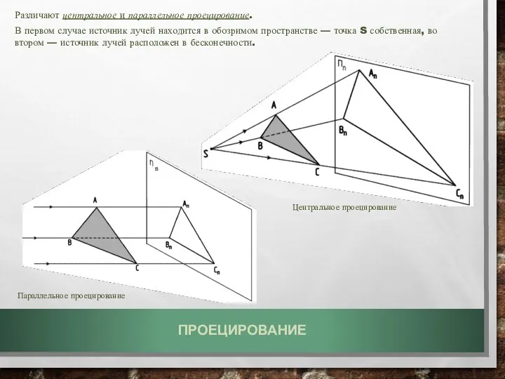 ПРОЕЦИРОВАНИЕ Различают центральное и параллельное проецирование. В первом случае источник лучей