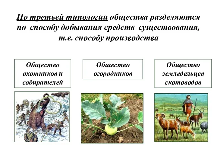 По третьей типологии общества разделяются по способу добывания средств существования, т.е.