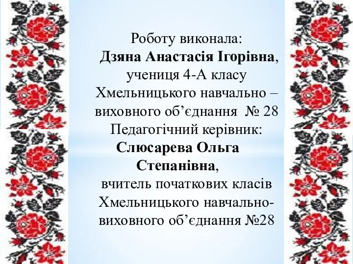 Роботу виконала: Дзяна Анастасія Ігорівна, учениця 4-А класу Хмельницького навчально –