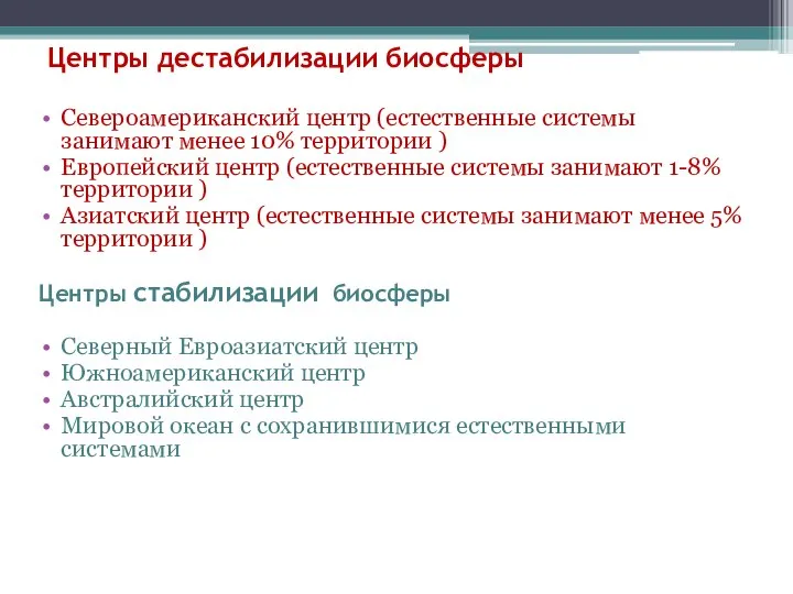 Центры дестабилизации биосферы Североамериканский центр (естественные системы занимают менее 10% территории