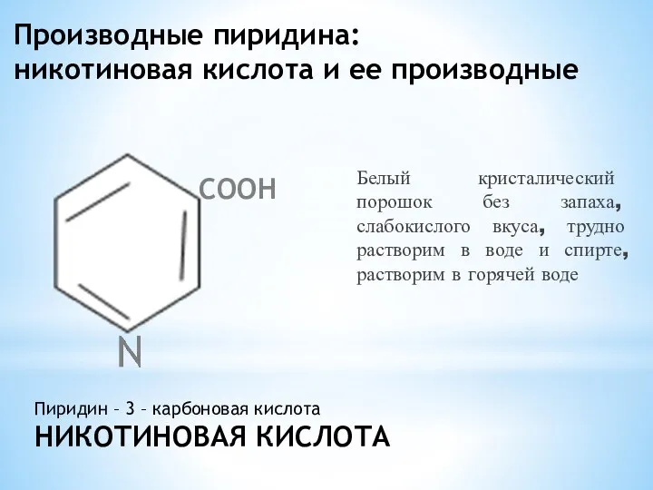 Производные пиридина: никотиновая кислота и ее производные Белый кристалический порошок без