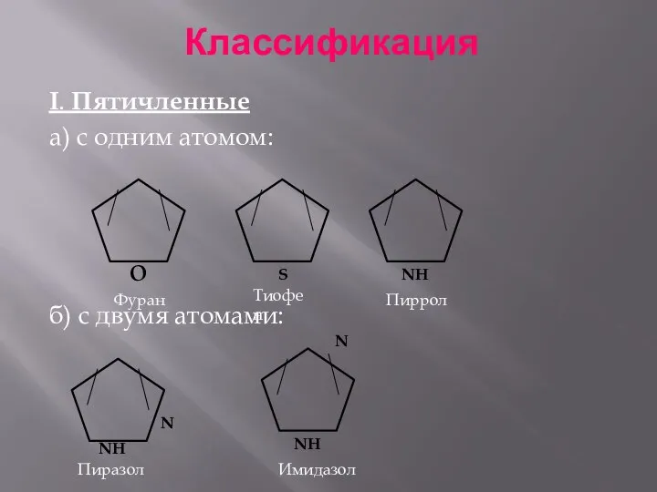 Классификация I. Пятичленные а) с одним атомом: б) с двумя атомами: