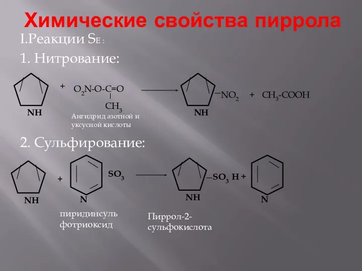 Химические свойства пиррола I.Реакции SE : 1. Нитрование: 2. Сульфирование: +