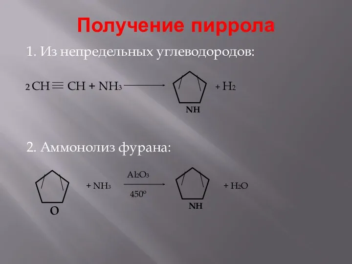 Получение пиррола 1. Из непредельных углеводородов: 2. Аммонолиз фурана: 2 CH