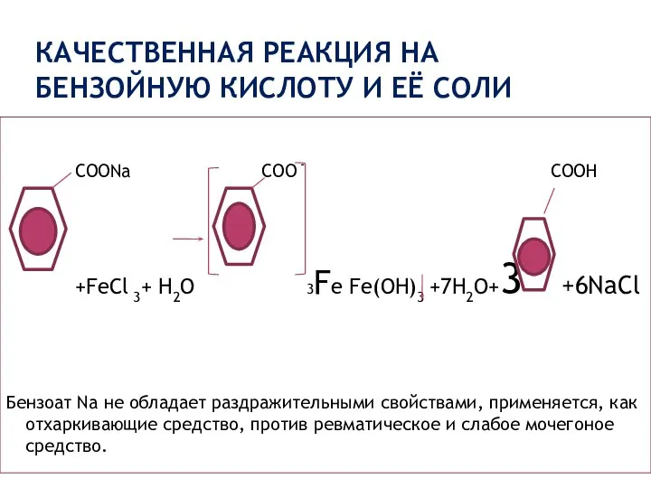 КАЧЕСТВЕННАЯ РЕАКЦИЯ НА БЕНЗОЙНУЮ КИСЛОТУ И ЕЁ СОЛИ COONa COO -