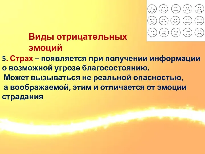 Виды отрицательных эмоций 5. Страх – появляется при получении информации о