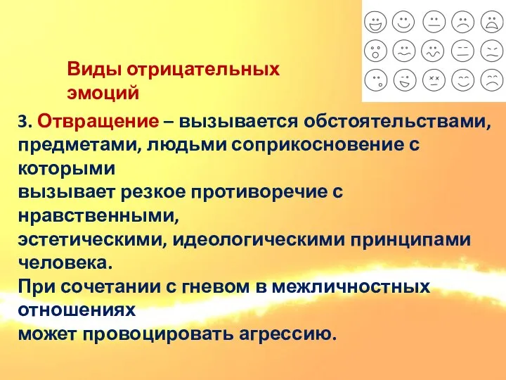 Виды отрицательных эмоций 3. Отвращение – вызывается обстоятельствами, предметами, людьми соприкосновение