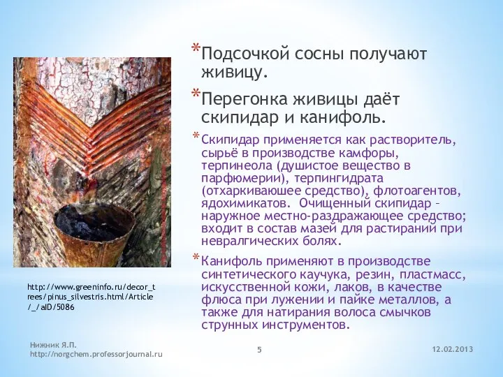 12.02.2013 Нижник Я.П. http://norgchem.professorjournal.ru Подсочкой сосны получают живицу. Перегонка живицы даёт