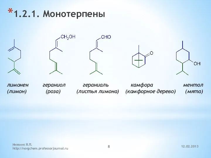 12.02.2013 Нижник Я.П. http://norgchem.professorjournal.ru 1.2.1. Монотерпены лимонен гераниол гераниаль камфора ментол