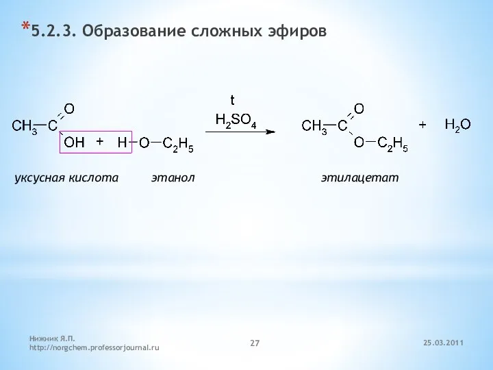 5.2.3. Образование сложных эфиров уксусная кислота этанол этилацетат 25.03.2011 Нижник Я.П. http://norgchem.professorjournal.ru