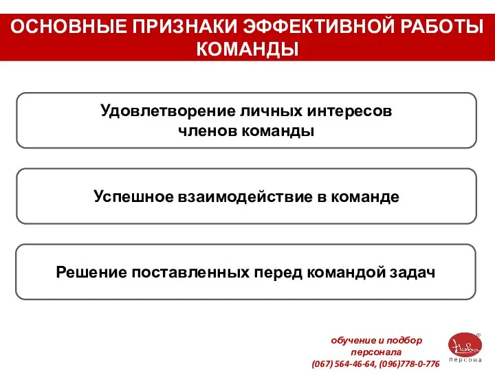 ОСНОВНЫЕ ПРИЗНАКИ ЭФФЕКТИВНОЙ РАБОТЫ КОМАНДЫ Удовлетворение личных интересов членов команды Успешное