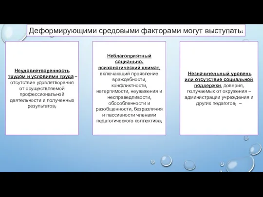 Деформирующими средовыми факторами могут выступать: Незначительный уровень или отсутствие социальной поддержки,