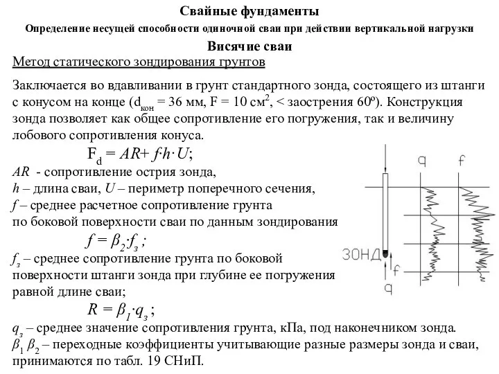 Висячие сваи Метод статического зондирования грунтов Заключается во вдавливании в грунт